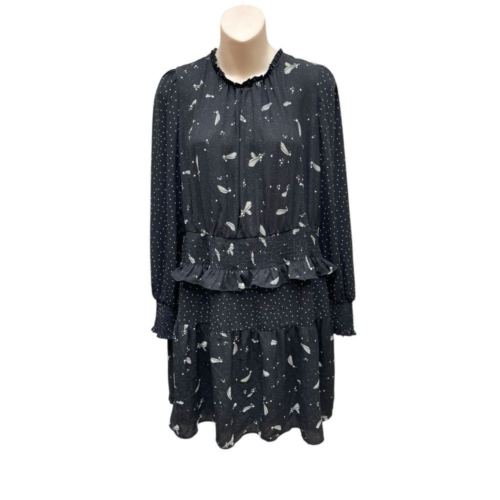 POPSUGAR Black Star Polka Dot Mini Dress Ruffle Tiered Long Sleeve Size L